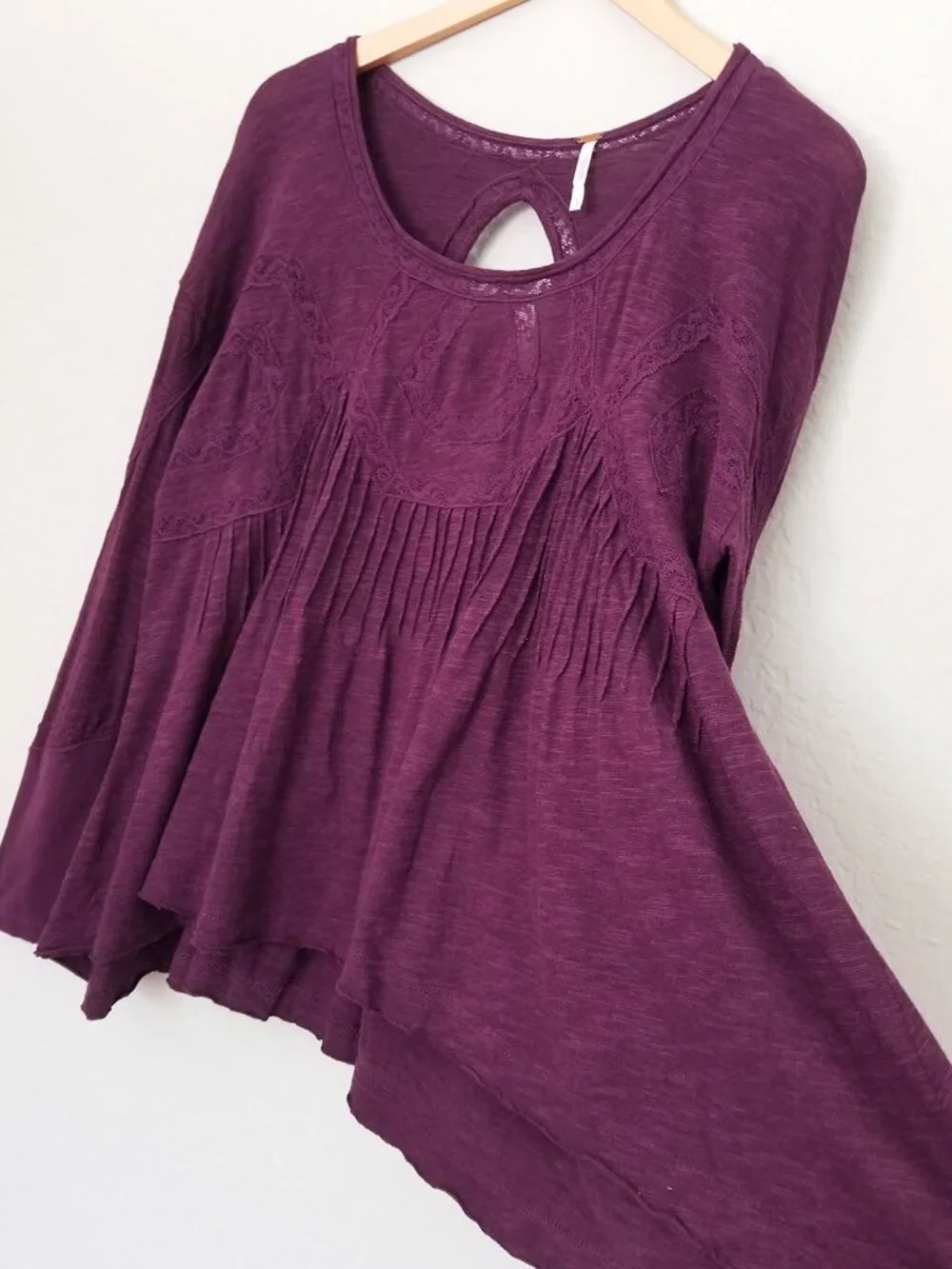 Free People New Hope Babydoll Long Sleeves Top S Eggplant Cutout Peasant Boho